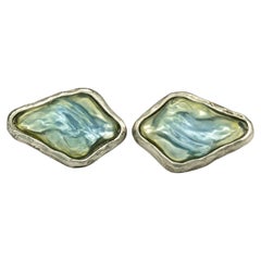 YVES SAINT LAURENT YSL Vintage Silver Tone Clear Blue Resin Clip-On Earrings