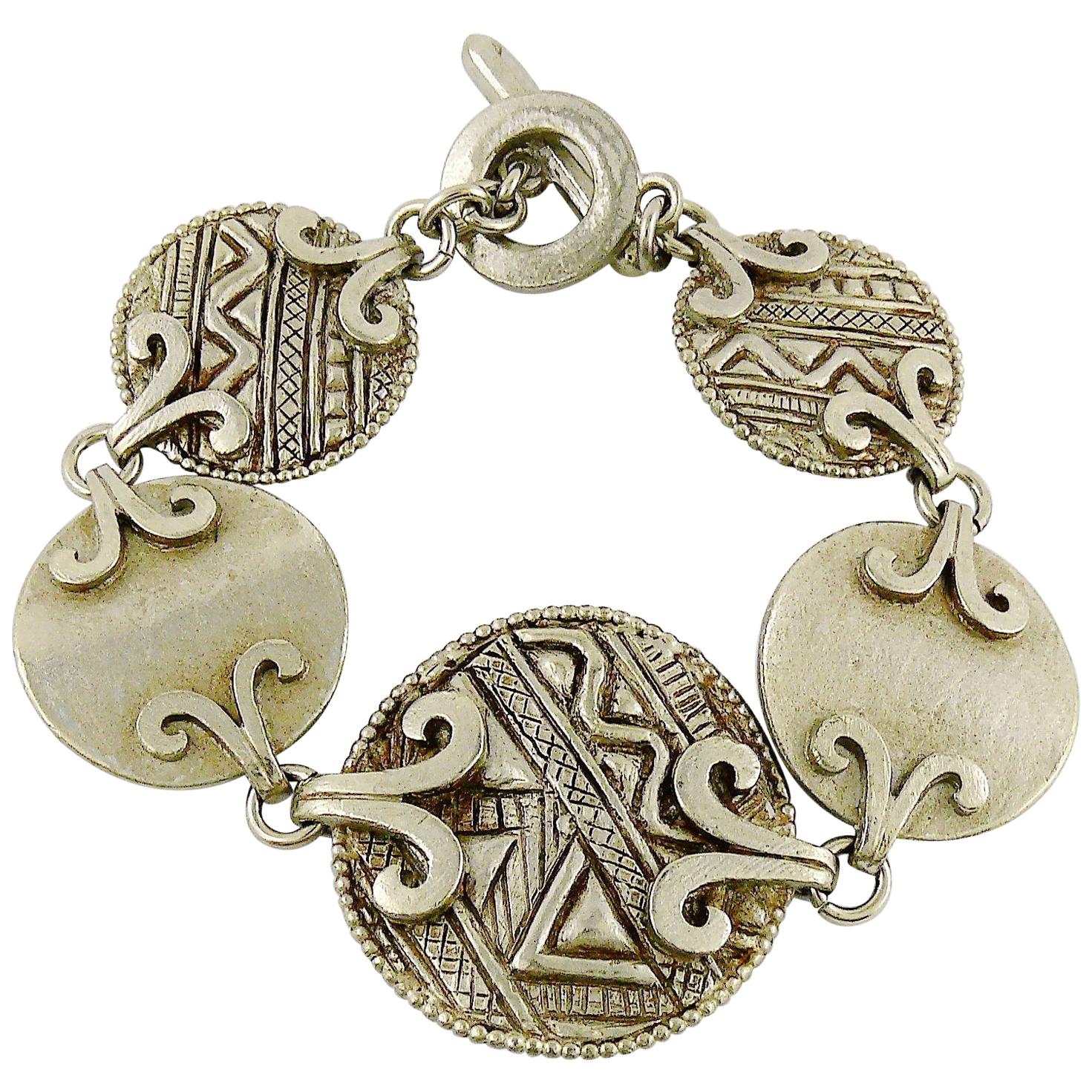 Yves Saint Laurent YSL Vintage Silver Toned Tuareg Inspired Link Bracelet