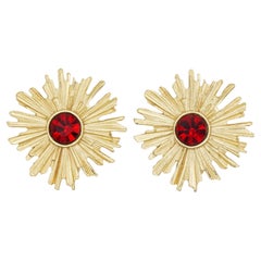 Yves Saint Laurent YSL Vintage Sunburst Ruby Crystal Flower Blossom Earrings