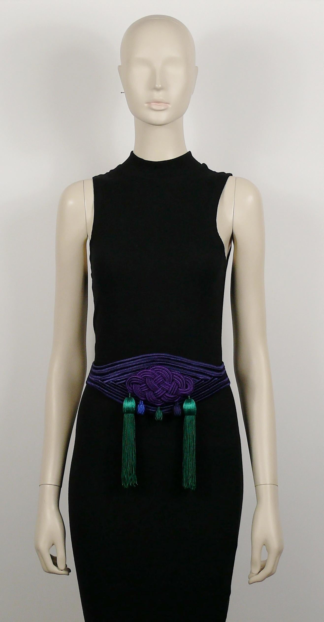YVES SAINT LAURENT Rive Gauche vintage belt featuring colourful passementerie trimmings in shades of purple, accentuated with green tassels.

Snap and hook closures at the back.

Embossed YVES SAINT LAURENT Rive Gauche Made in France on a metal hang