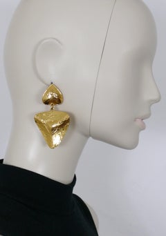 Yves Saint Laurent YSL Vintage Textured Gold Toned Heart Dangling Earrings