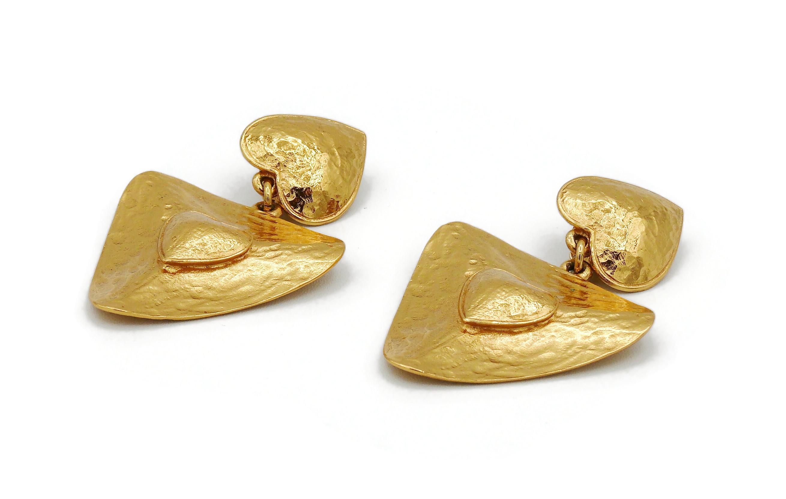 Women's Yves Saint Laurent YSL Vintage Textured Gold Toned Heart Dangling Earrings For Sale