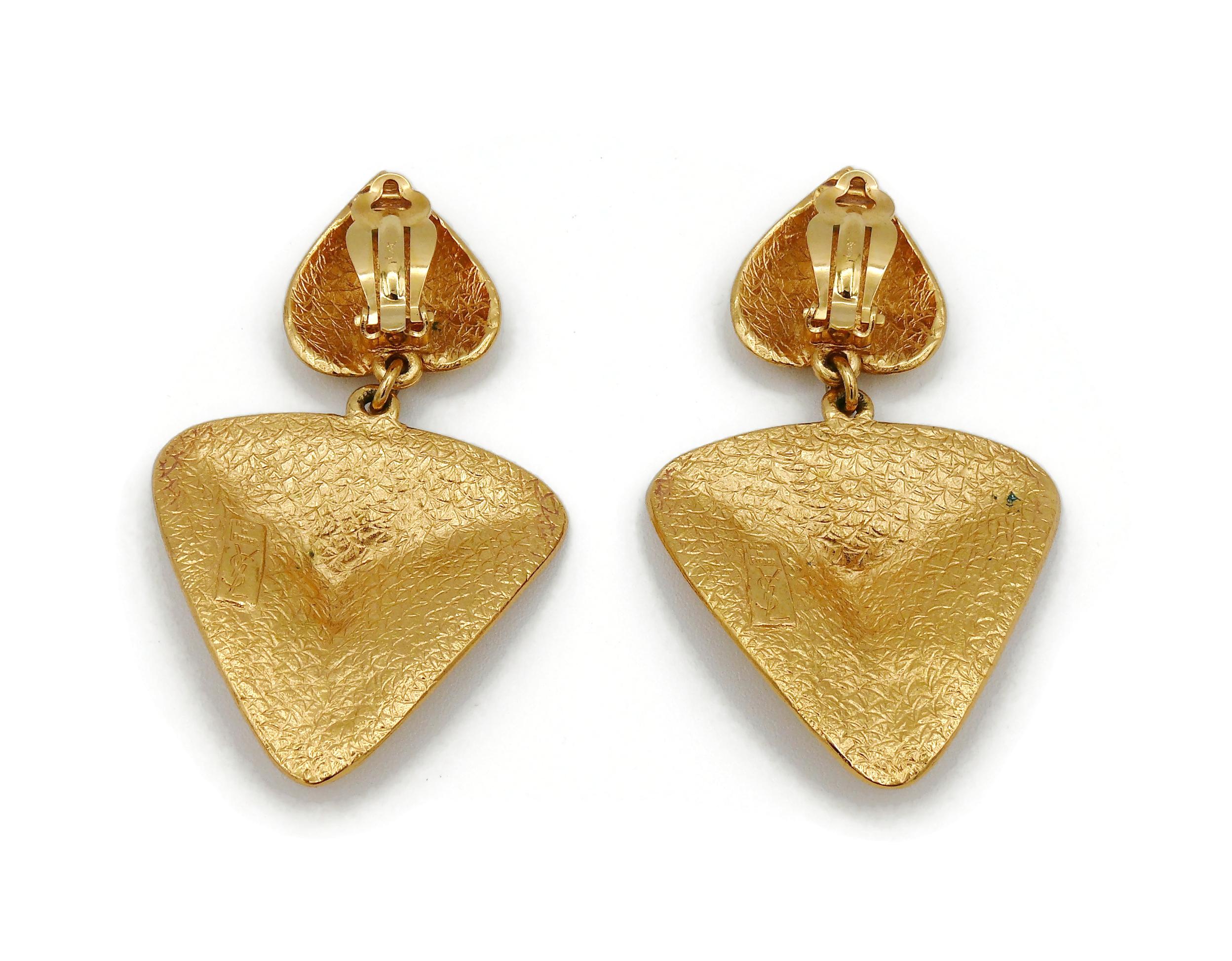 Yves Saint Laurent YSL Vintage Textured Gold Toned Heart Dangling Earrings For Sale 1