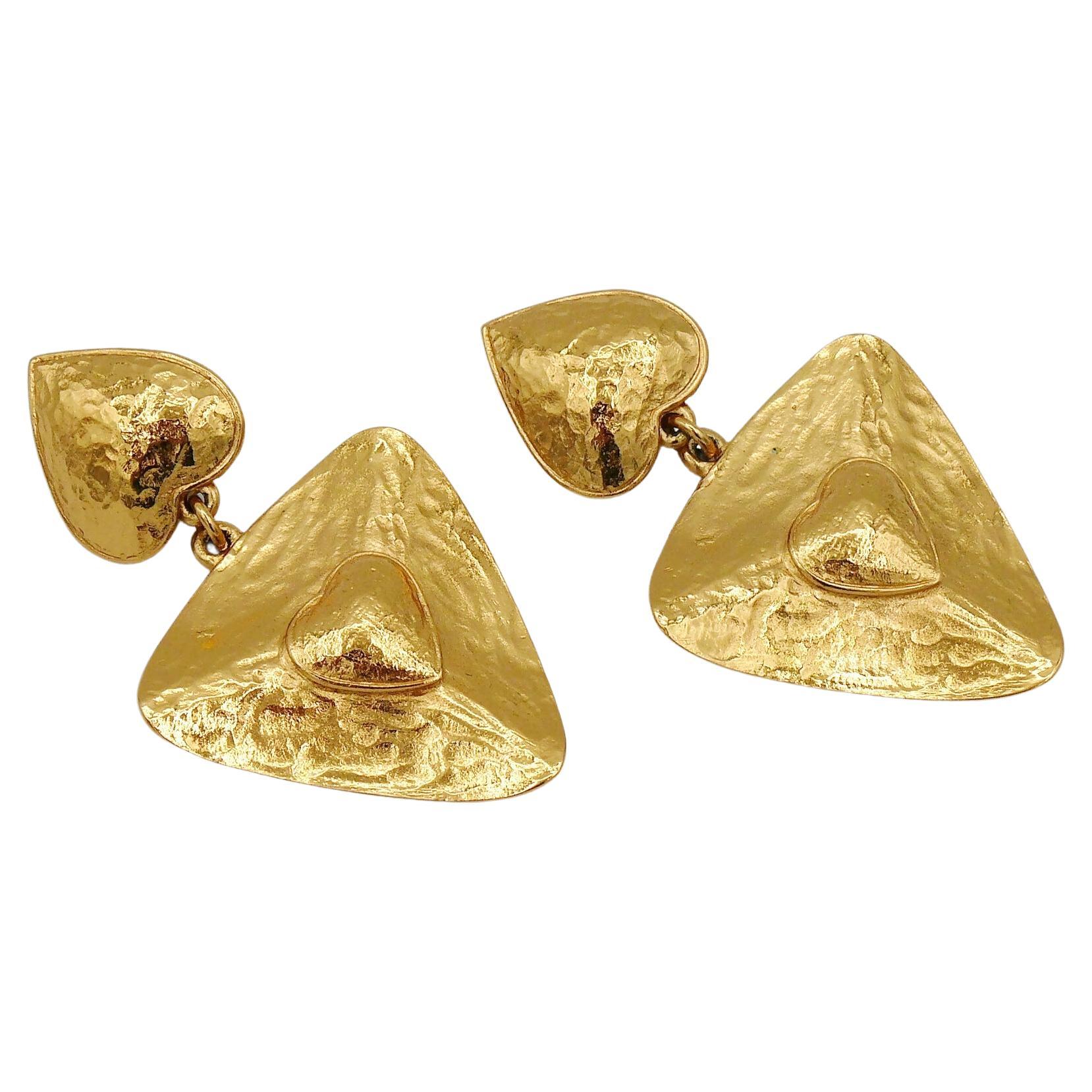 Yves Saint Laurent YSL Vintage Textured Gold Toned Heart Dangling Earrings For Sale