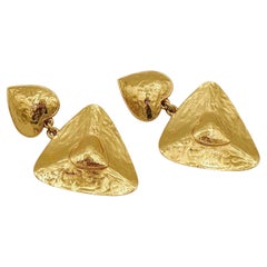 Yves Saint Laurent YSL Vintage Textured Gold Toned Heart Dangling Earrings