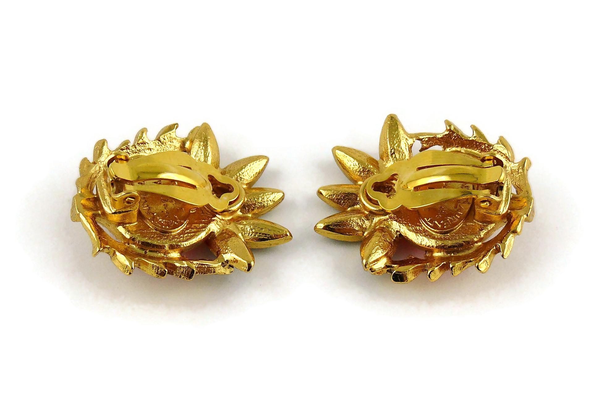 Yves Saint Laurent YSL Vintage Thistle Red Resin & Crystals Clip-On Earrings 1
