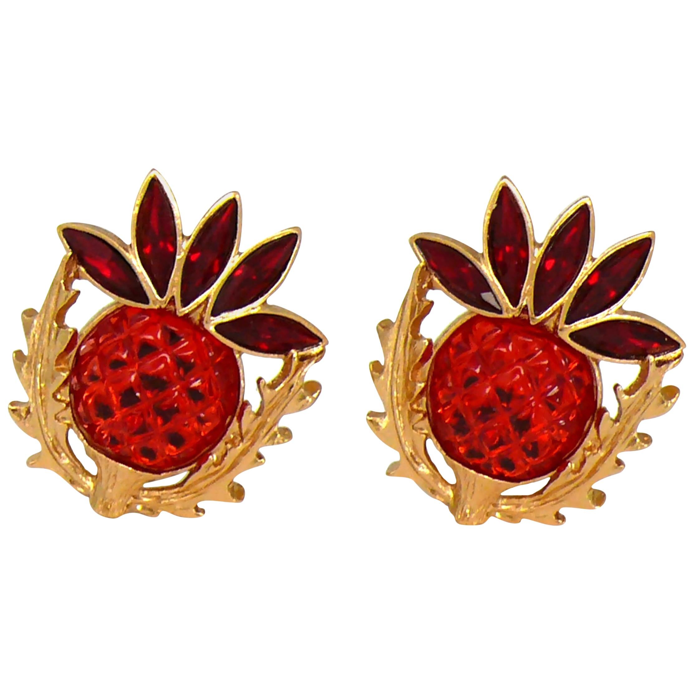 Yves Saint Laurent YSL Vintage Thistle Red Resin & Crystals Clip-On Earrings