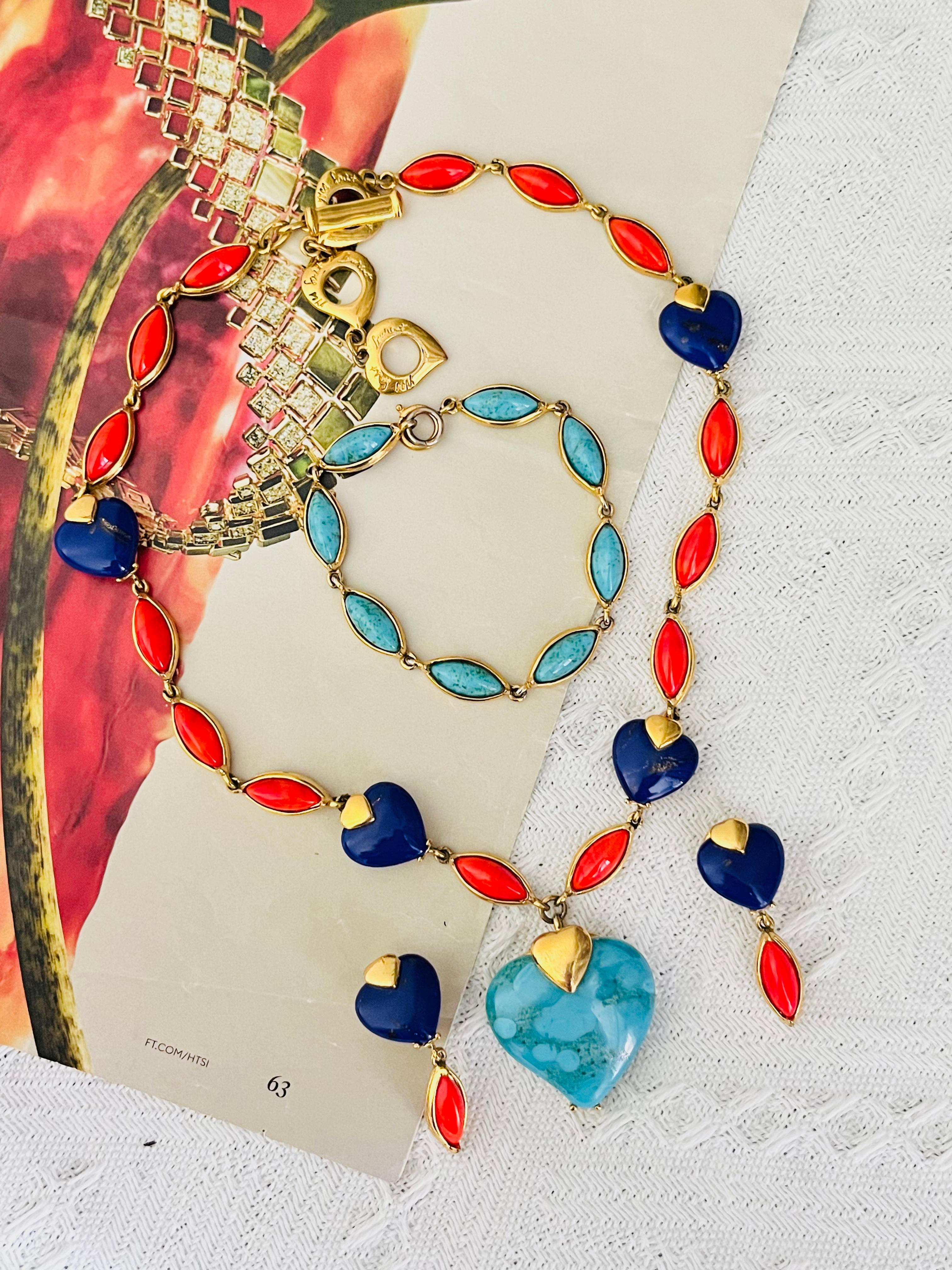 Yves Saint Laurent YSL Robert Goossens Vintage Türkis Blau Grün Herz Koralle Orange Lapis Marineblau Folie Marquise Steine Cabochon Exquisite Chunky Kragen Choker Anhänger Halskette Armband Drop Clip Ohrringe Schmuck Geschenk-Set, Gold-Ton

Sehr