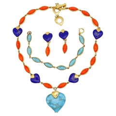 Yves Saint Laurent YSL Vintage Turquoise Heart Coral Lapis Marquise Stone 3 Set