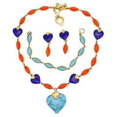 Yves Saint Laurent YSL Vintage Türkis Herz Koralle Lapis Stein Marquise 3 Set