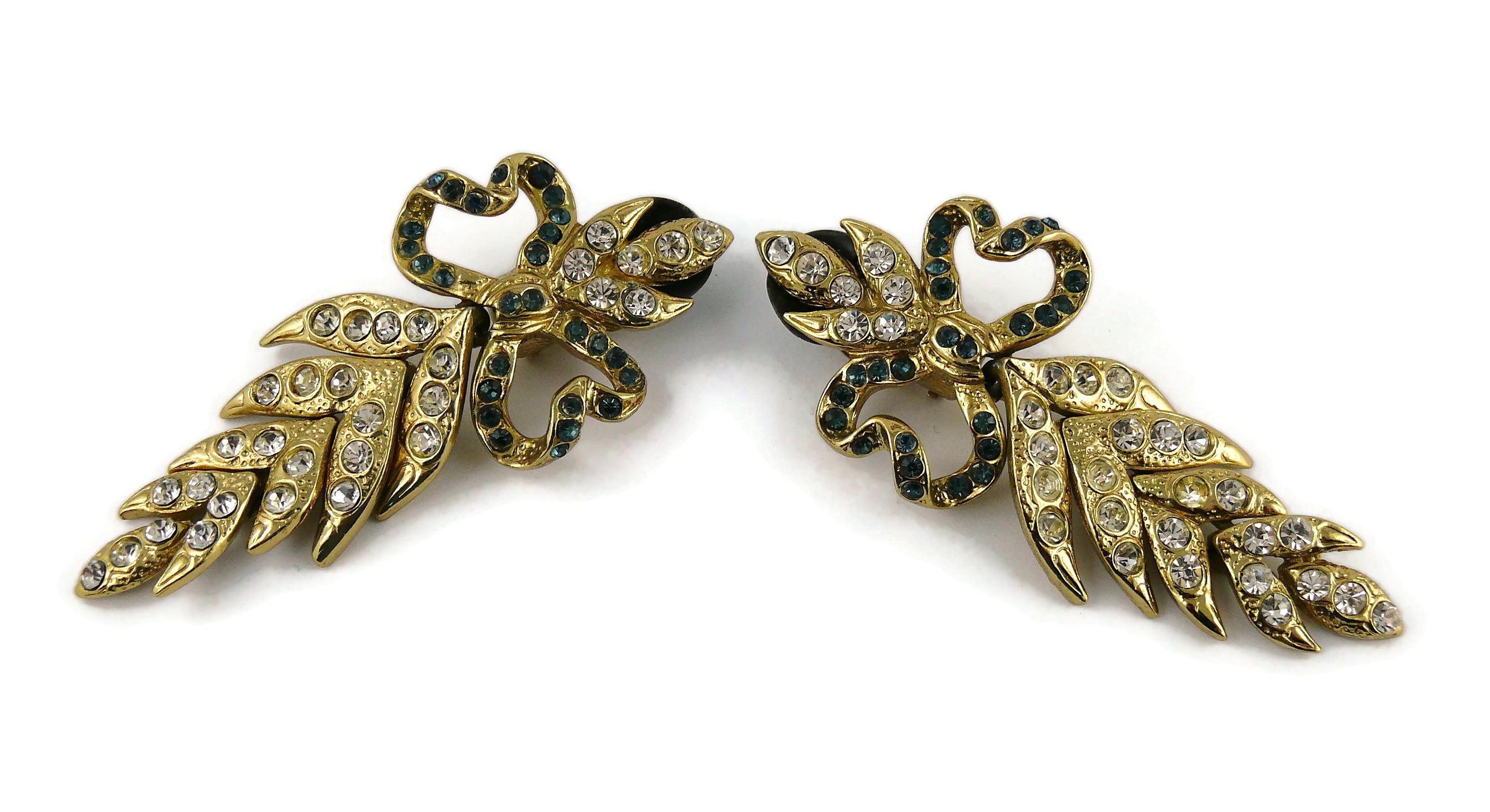 Yves Saint Laurent YSL Vintage Ultra Long Jewelled Bow Leaf Dangling Earrings In Excellent Condition For Sale In Nice, FR