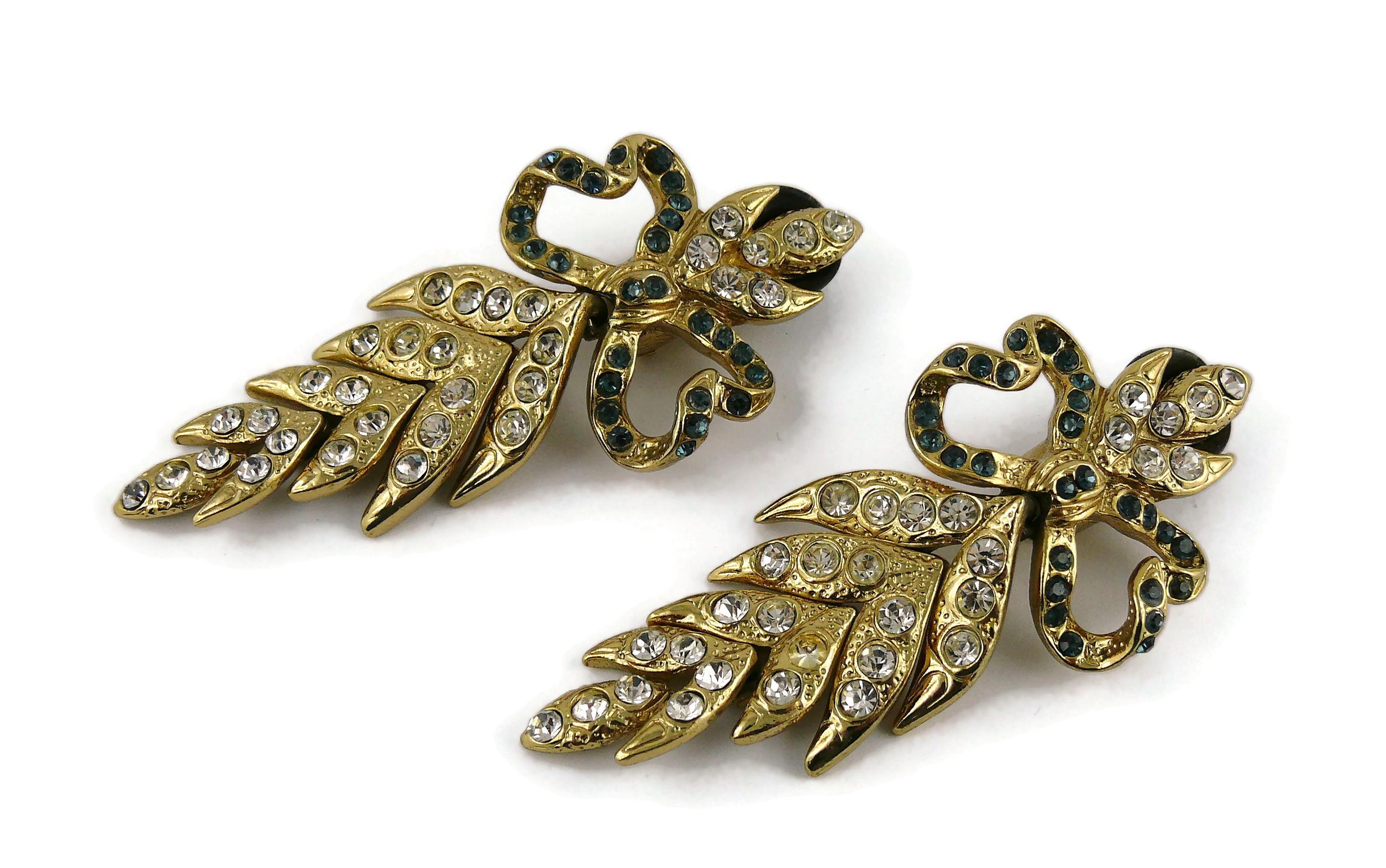 Women's Yves Saint Laurent YSL Vintage Ultra Long Jewelled Bow Leaf Dangling Earrings For Sale