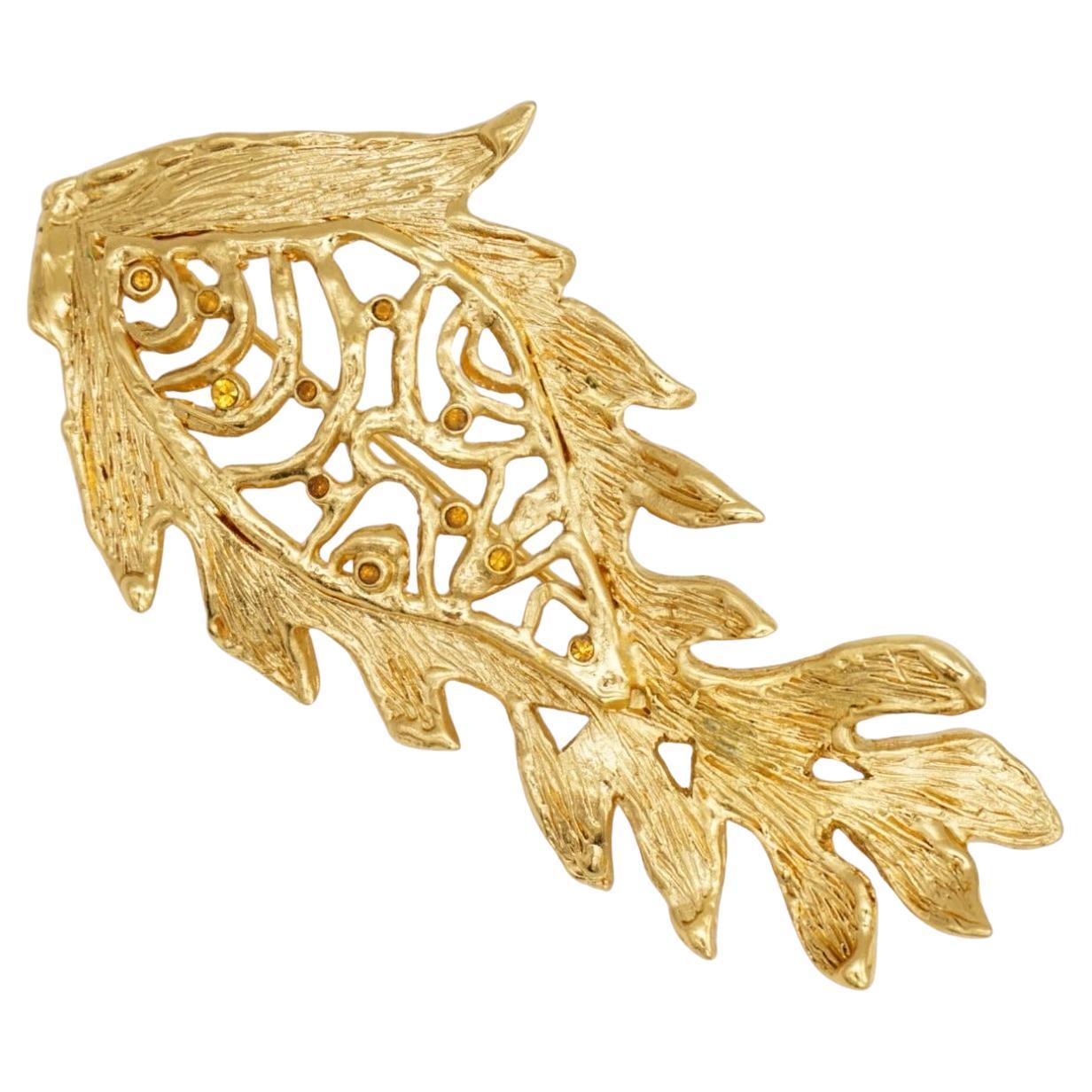 Yves Saint Laurent YSL Vintage Vivid Goldfish Citrine Crystals Openwork Brooch For Sale