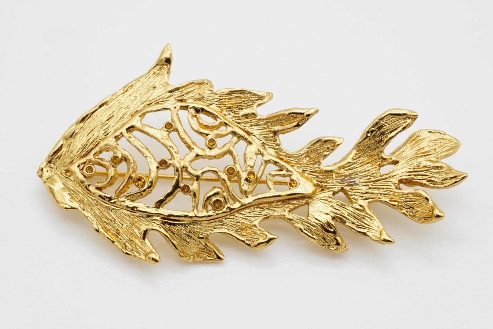 Yves Saint Laurent YSL Vintage Vivid Long Fish Yellow Crystals Openwork Brooch For Sale 5