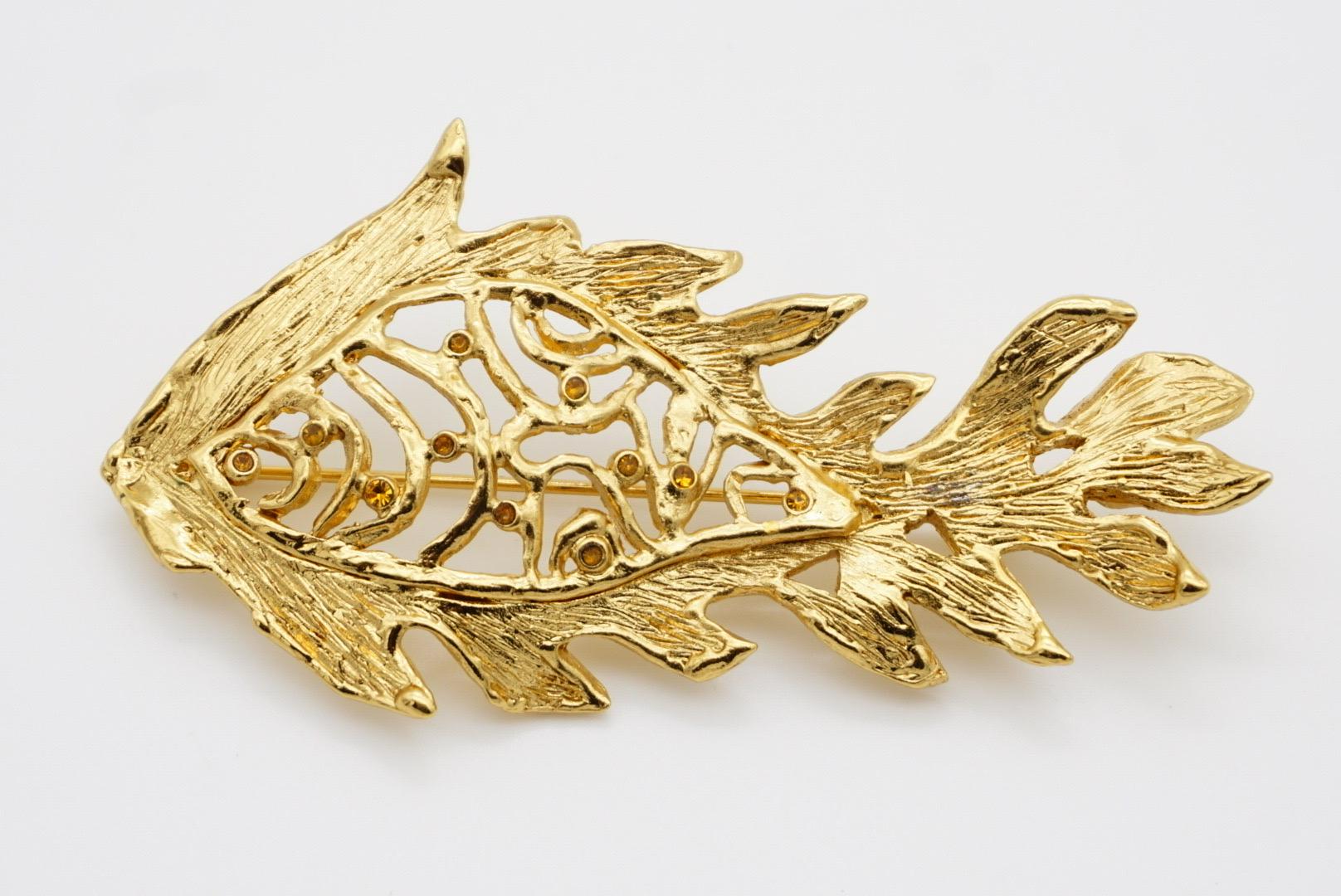 Yves Saint Laurent YSL Vintage Vivid Long Fish Yellow Crystals Openwork Brooch 6