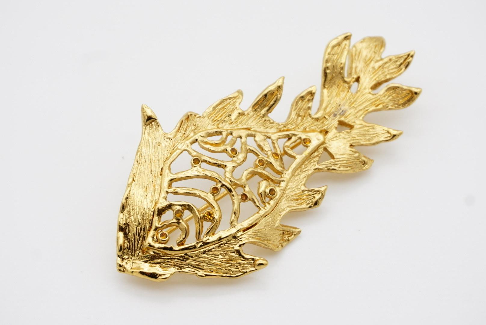 Yves Saint Laurent YSL Vintage Vivid Long Fish Yellow Crystals Openwork Brooch 7