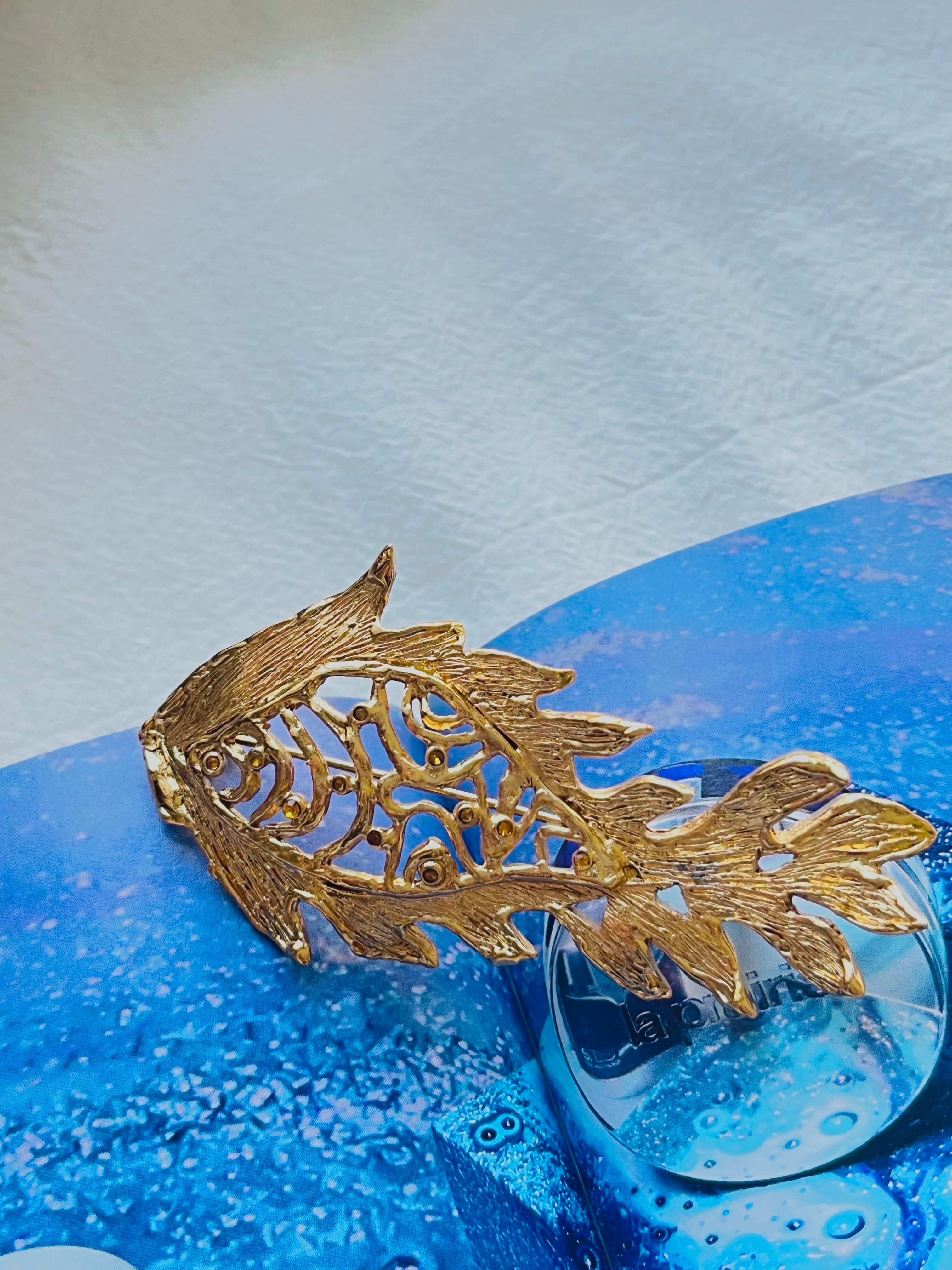 Art Deco Yves Saint Laurent YSL Vintage Vivid Long Fish Yellow Crystals Openwork Brooch