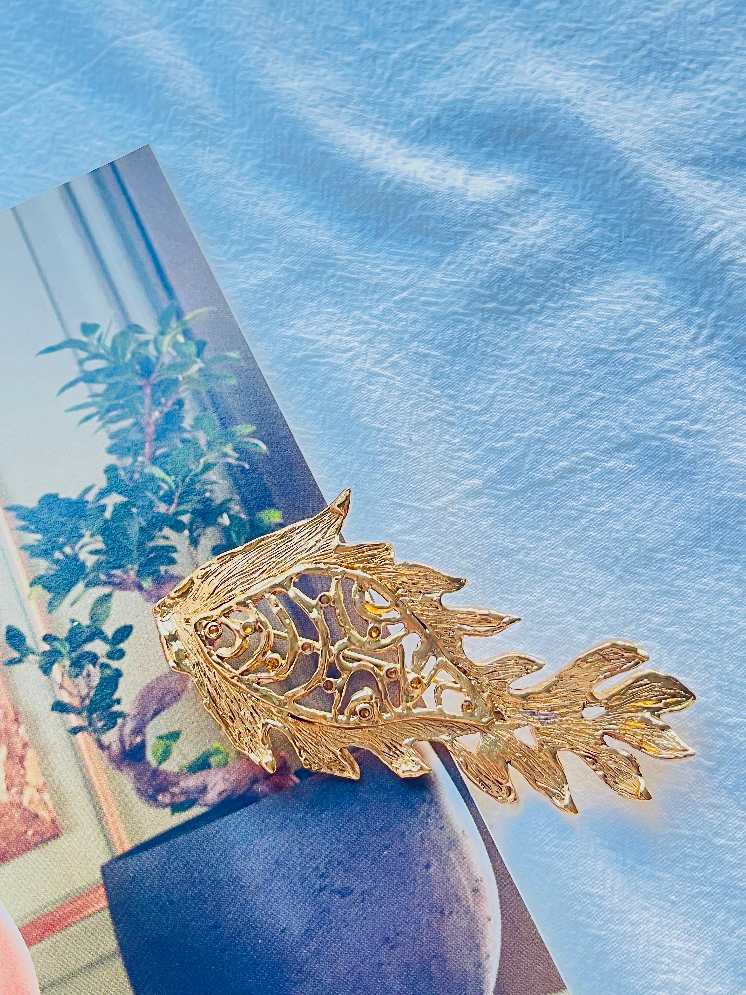 Yves Saint Laurent YSL Vintage Vivid Long Fish Yellow Crystals Openwork Brooch 1