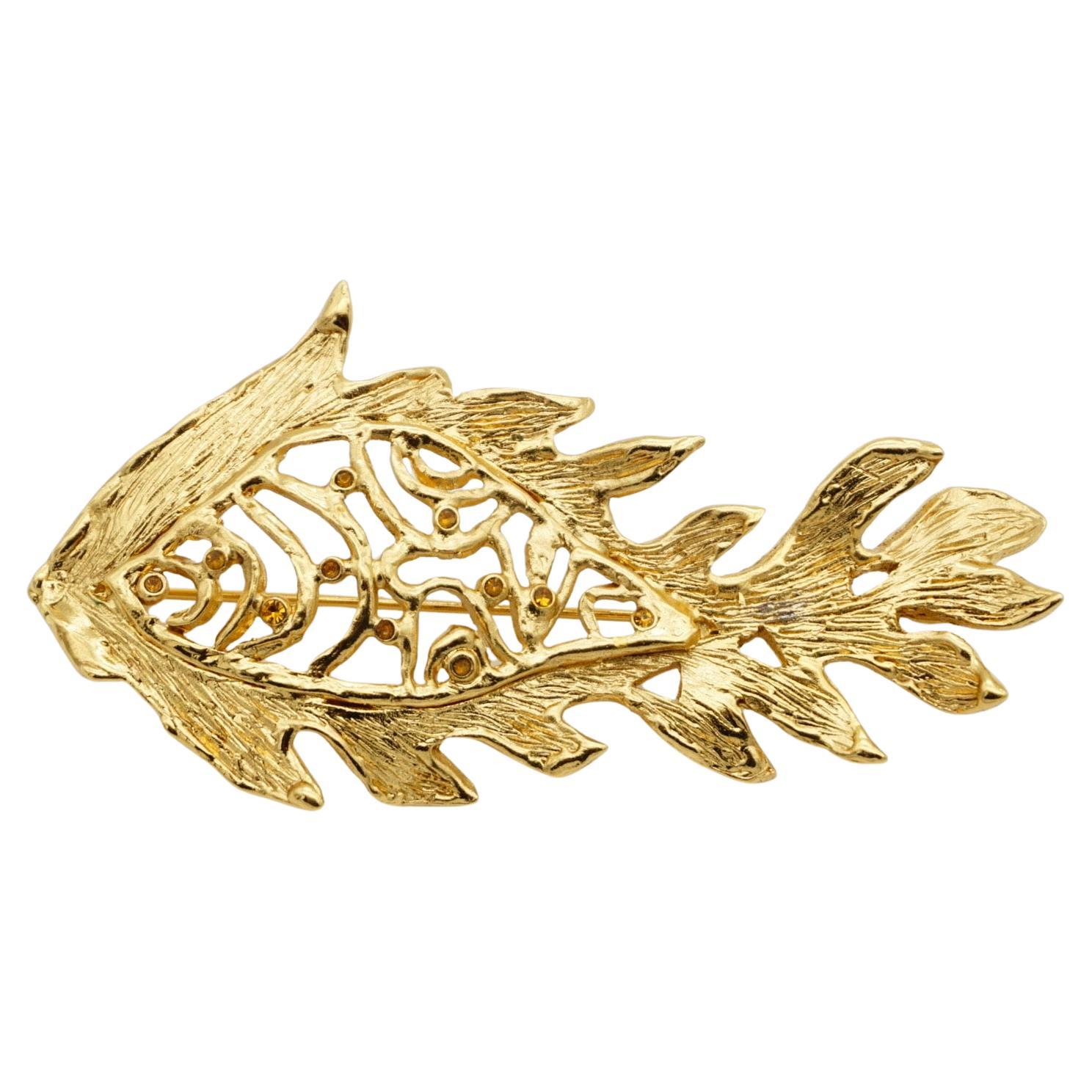 Yves Saint Laurent YSL Vintage Vivid Long Fish Yellow Crystals Openwork Brooch For Sale