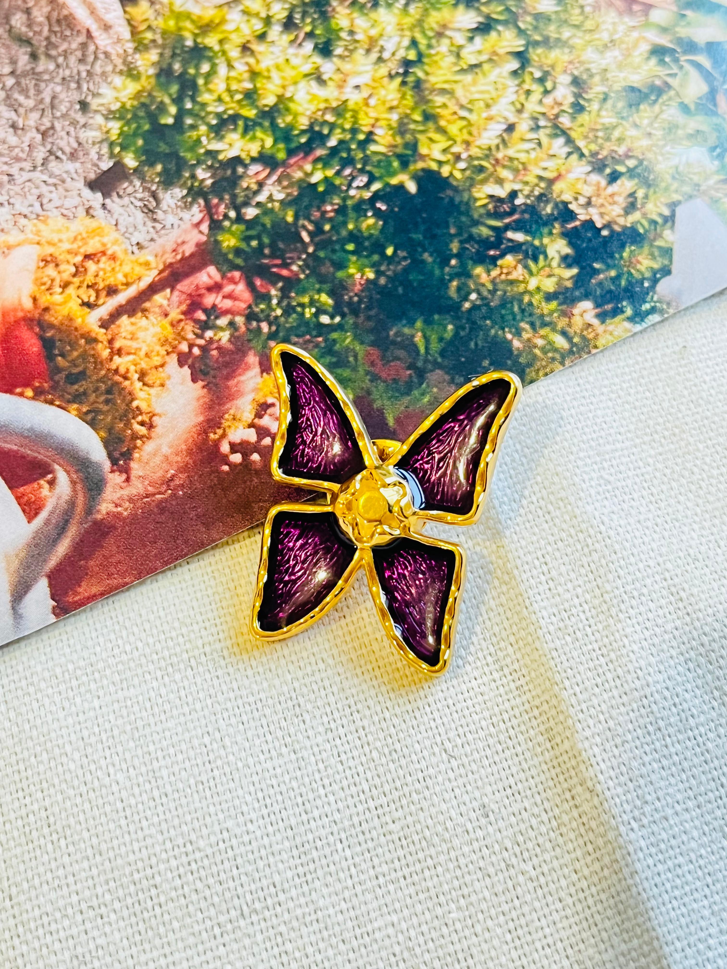 Art Deco YVES SAINT LAURENT YSL Vintage Vivid Purple Enamel Butterfly Bow Pin Brooch For Sale