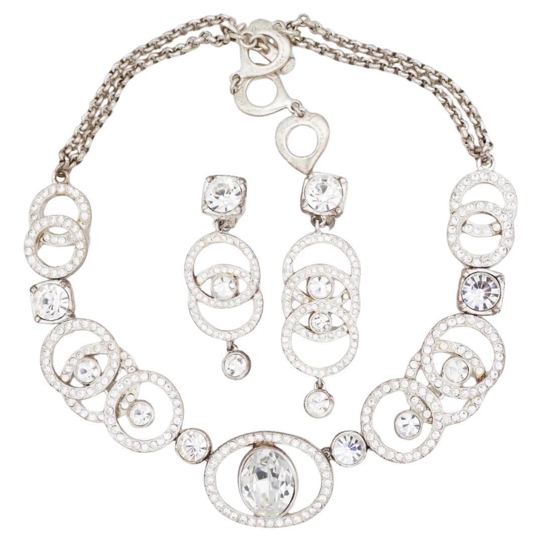 Yves Saint Laurent YSL Vintage White Clear Whole Crystal Circle Oval Drop 2 Set