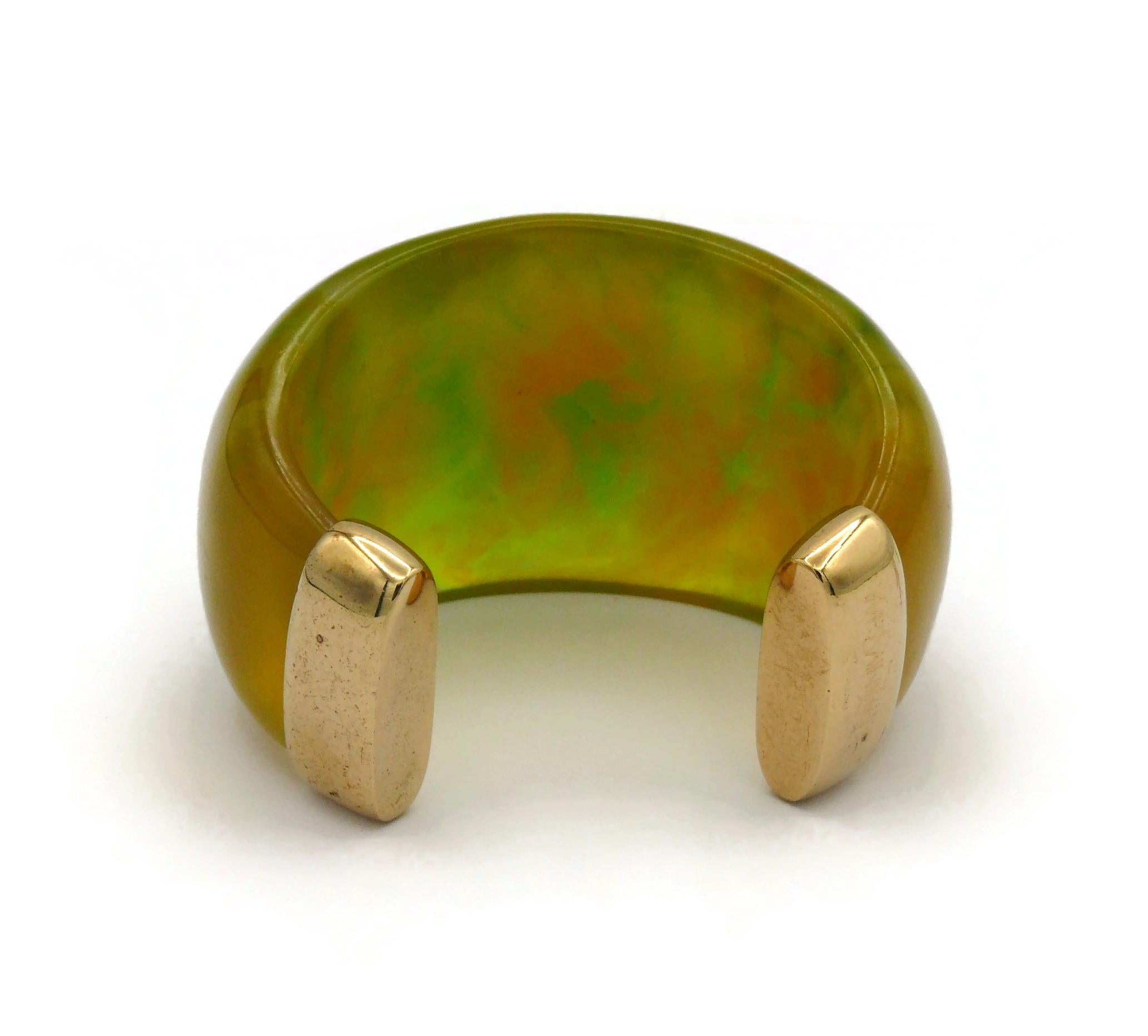 YVES SAINT LAURENT YSL Vintage Yellow Green Marbled Resin Cuff Bracelet For Sale 8