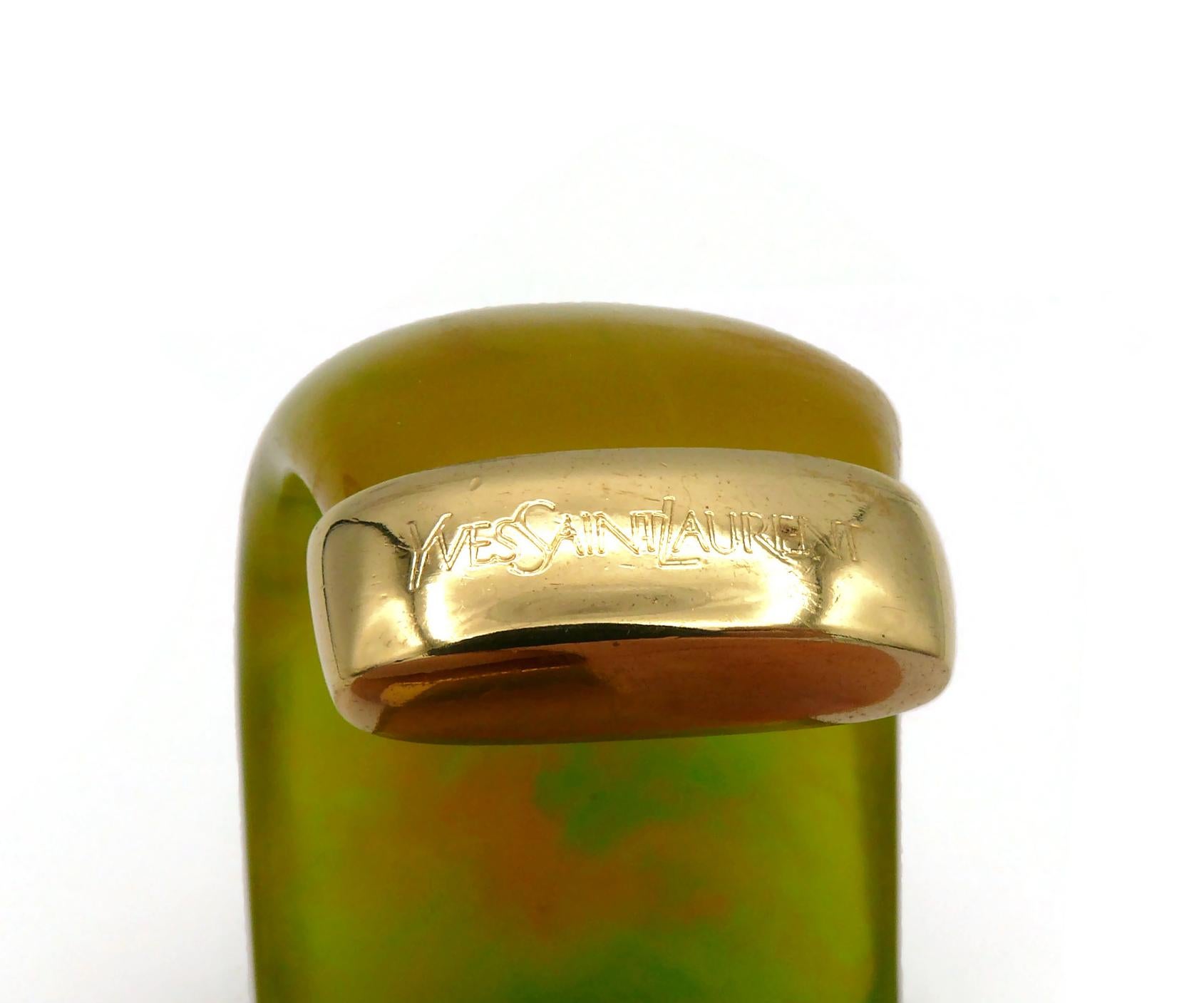 YVES SAINT LAURENT YSL Vintage Yellow Green Marbled Resin Cuff Bracelet For Sale 9