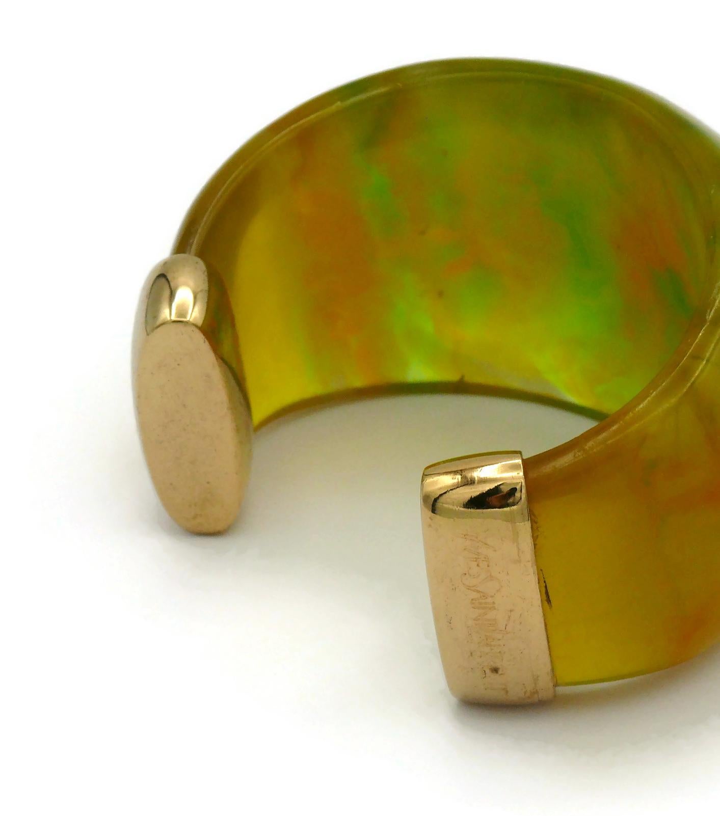 YVES SAINT LAURENT YSL Vintage Yellow Green Marbled Resin Cuff Bracelet For Sale 11