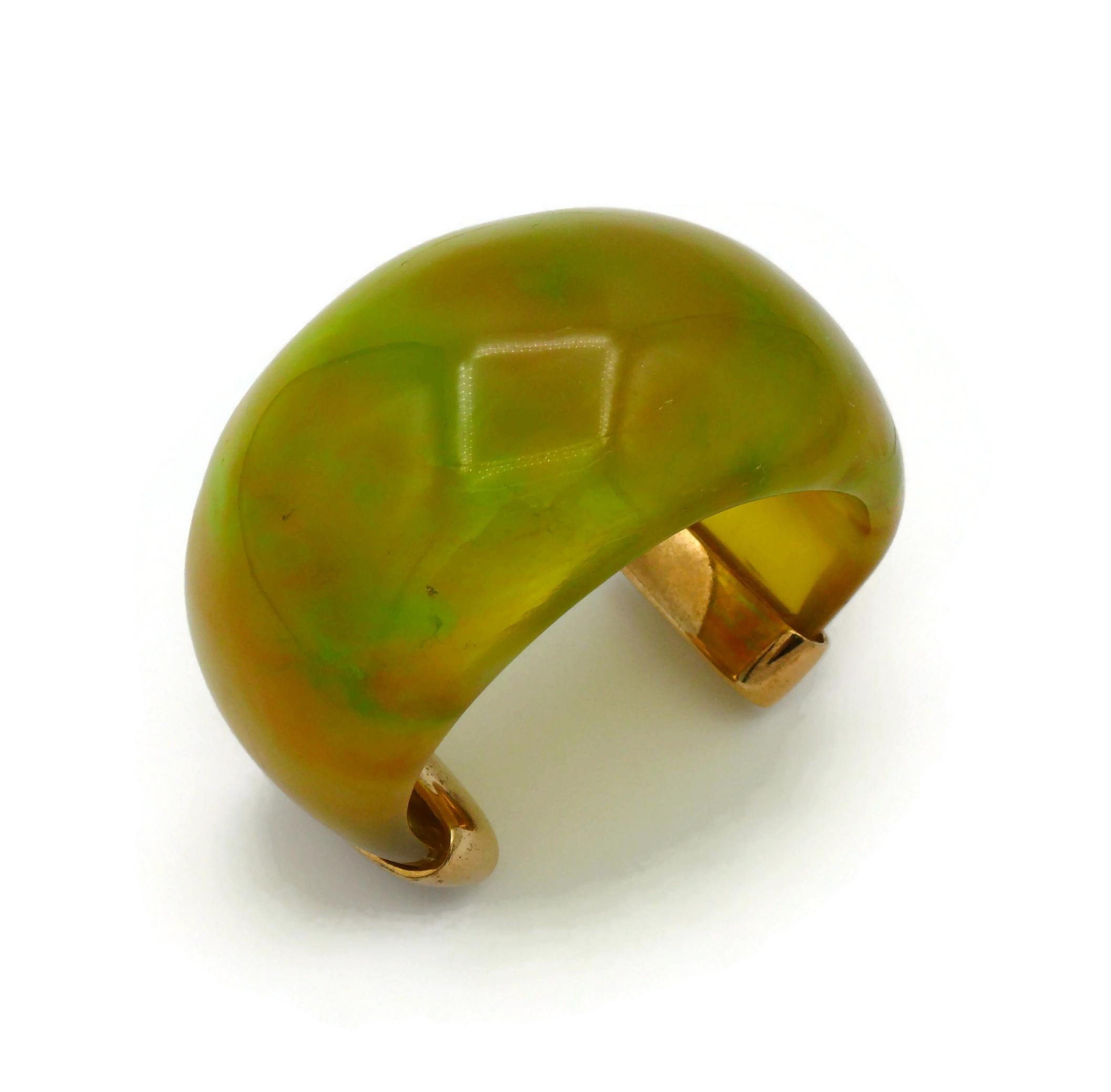 YVES SAINT LAURENT YSL Vintage Yellow Green Marbled Resin Cuff Bracelet In Fair Condition For Sale In Nice, FR