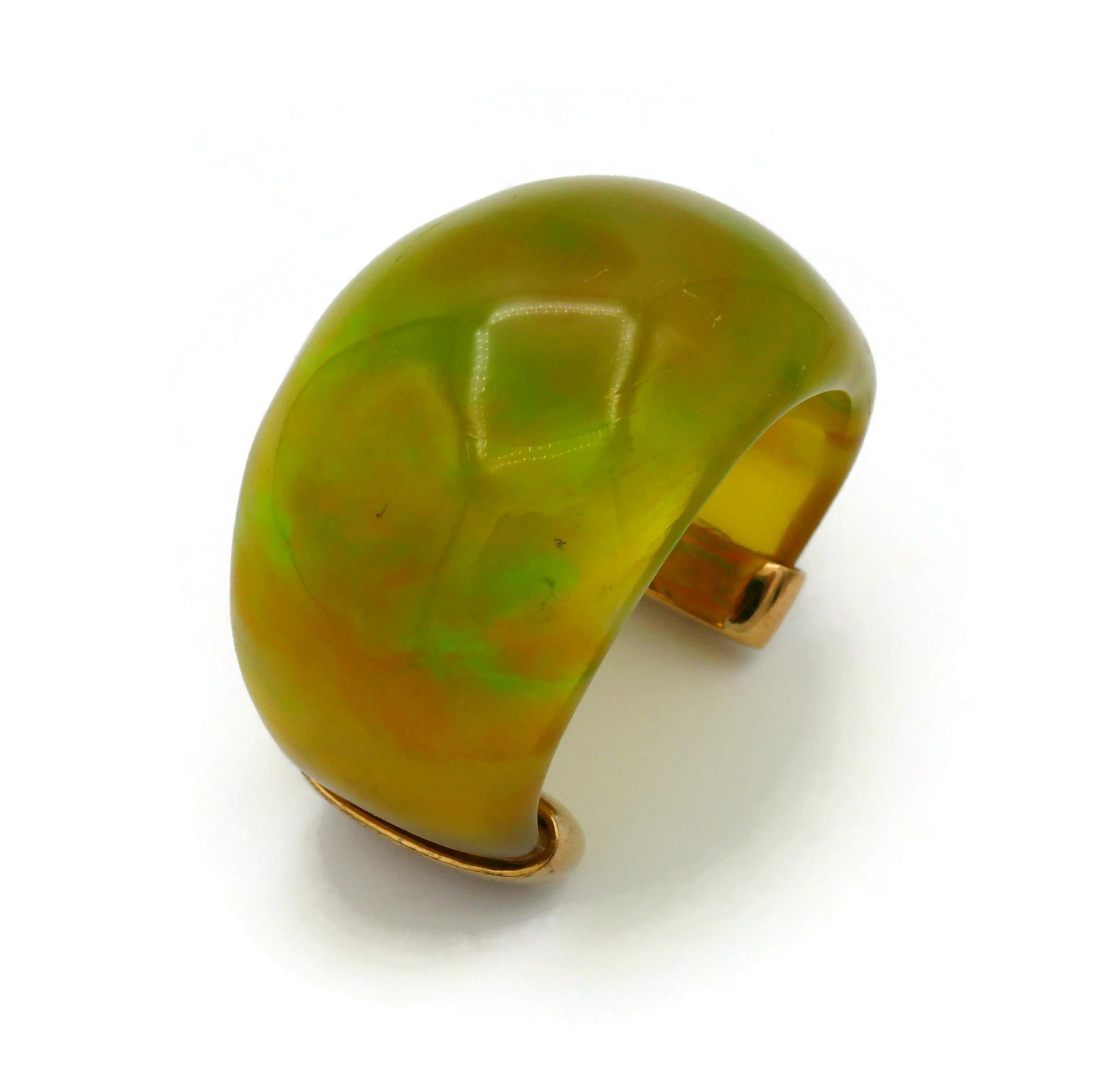 YVES SAINT LAURENT YSL Vintage Yellow Green Marbled Resin Cuff Bracelet For Sale 4