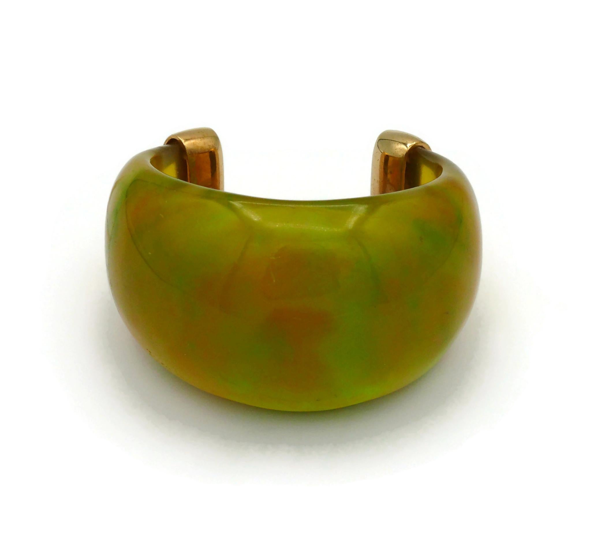 YVES SAINT LAURENT YSL Vintage Yellow Green Marbled Resin Cuff Bracelet For Sale 5