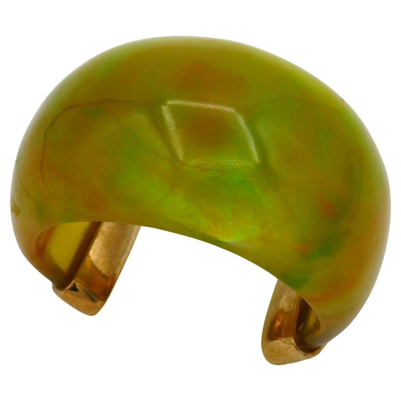 YVES SAINT LAURENT YSL Vintage Yellow Green Marbled Resin Cuff Bracelet For Sale