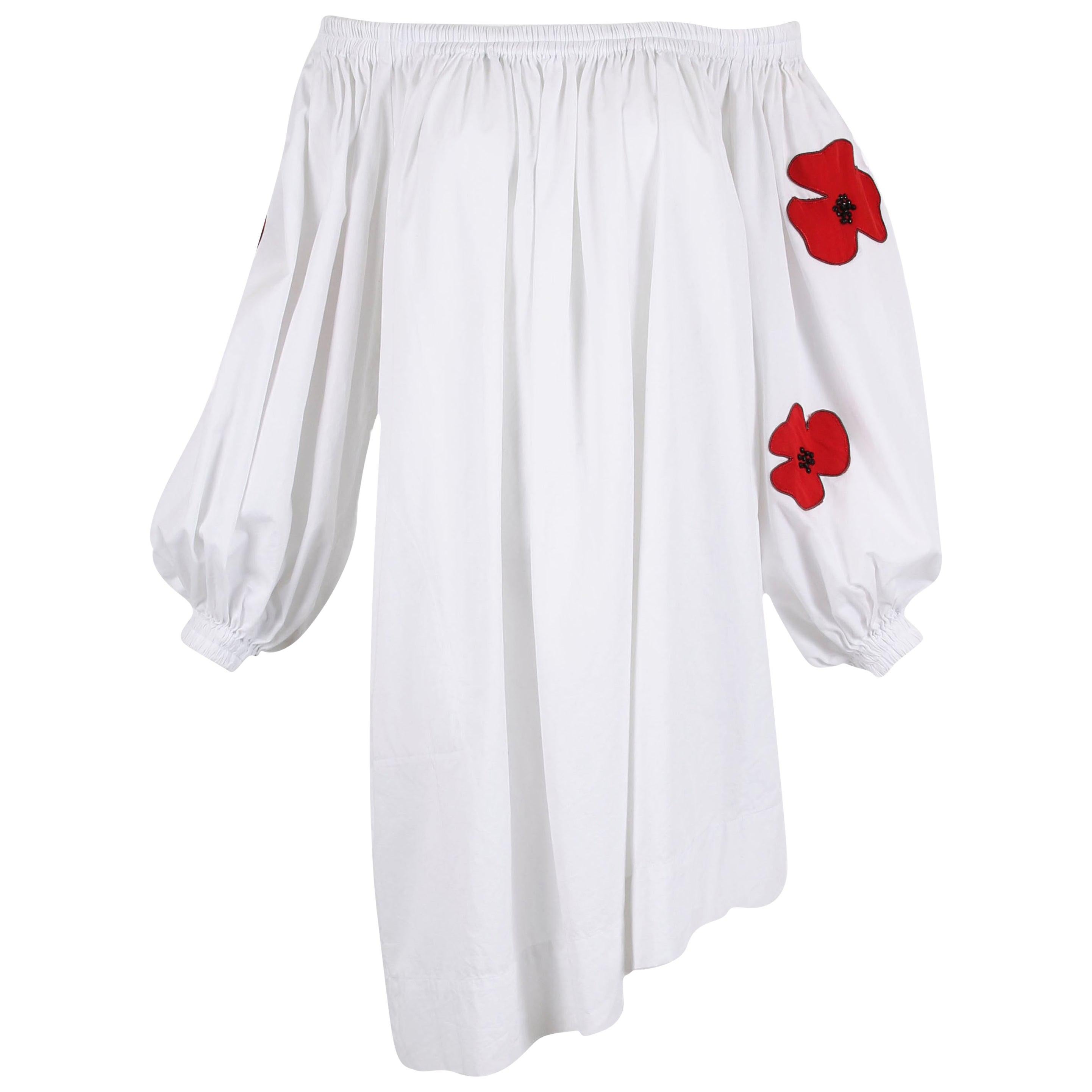 Yves Saint Laurent YSL White Cotton Asymmetric Dress with Poppies