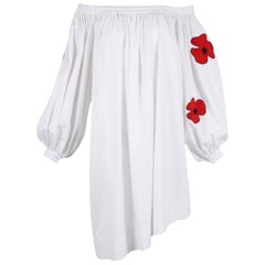 Yves Saint Laurent YSL White Cotton Asymmetric Dress with Poppies