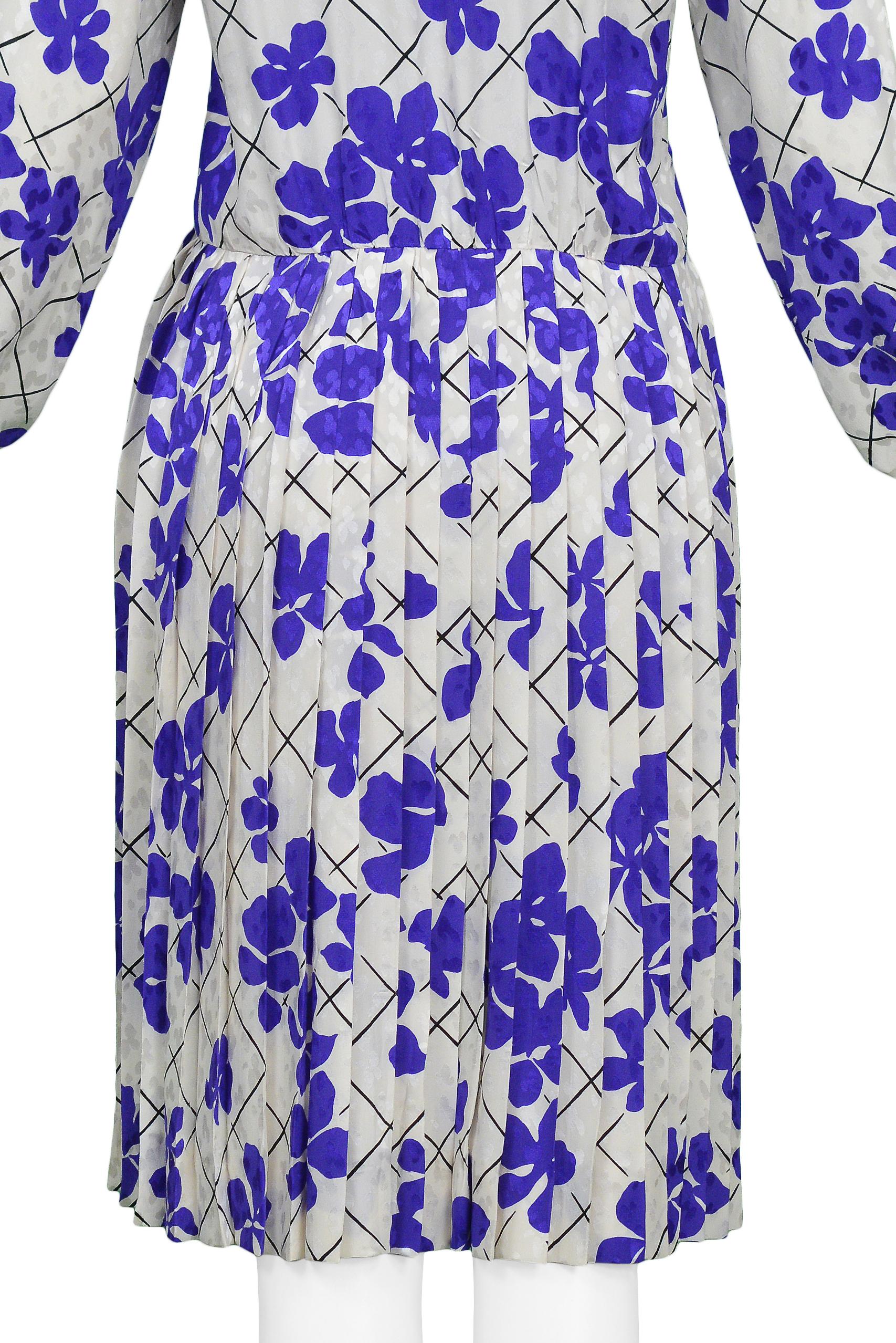 Gray Yves Saint Laurent YSL White & Purple Floral Silk Day Dress For Sale