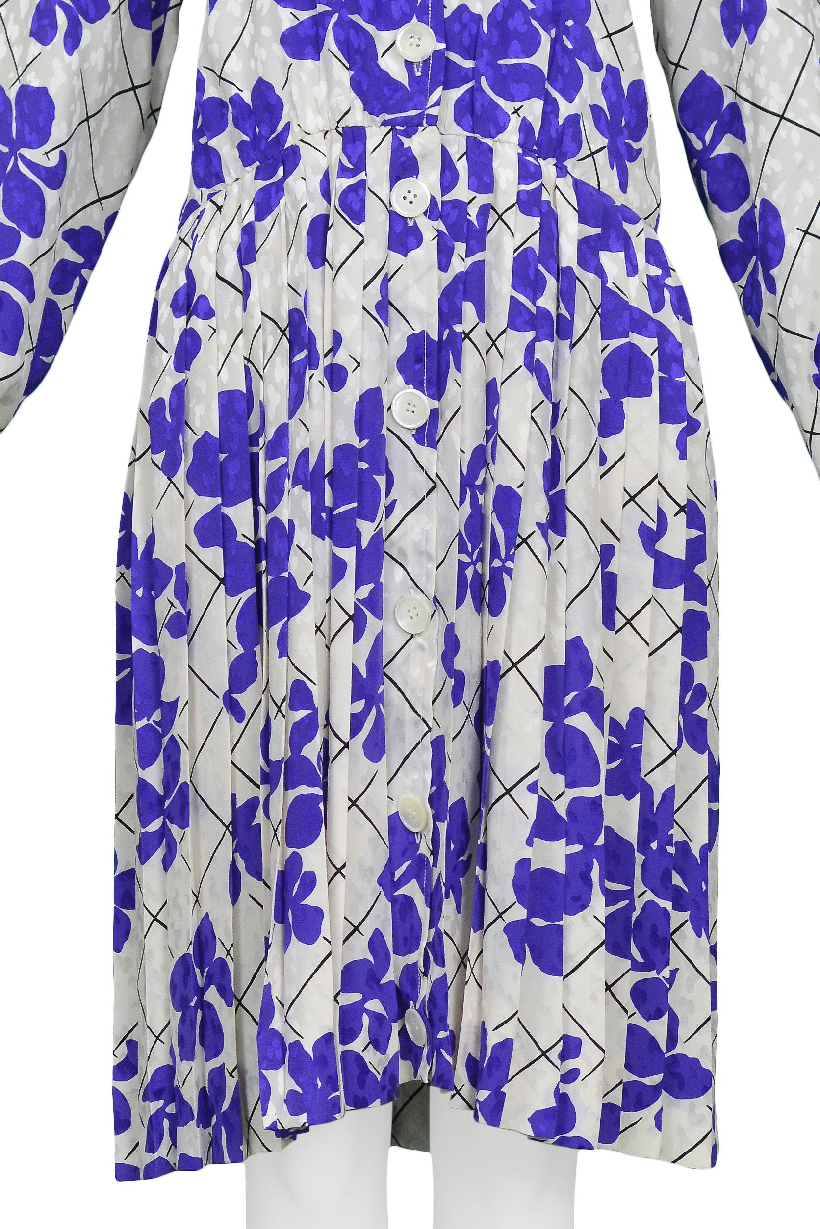 Women's Yves Saint Laurent YSL White & Purple Floral Silk Day Dress For Sale