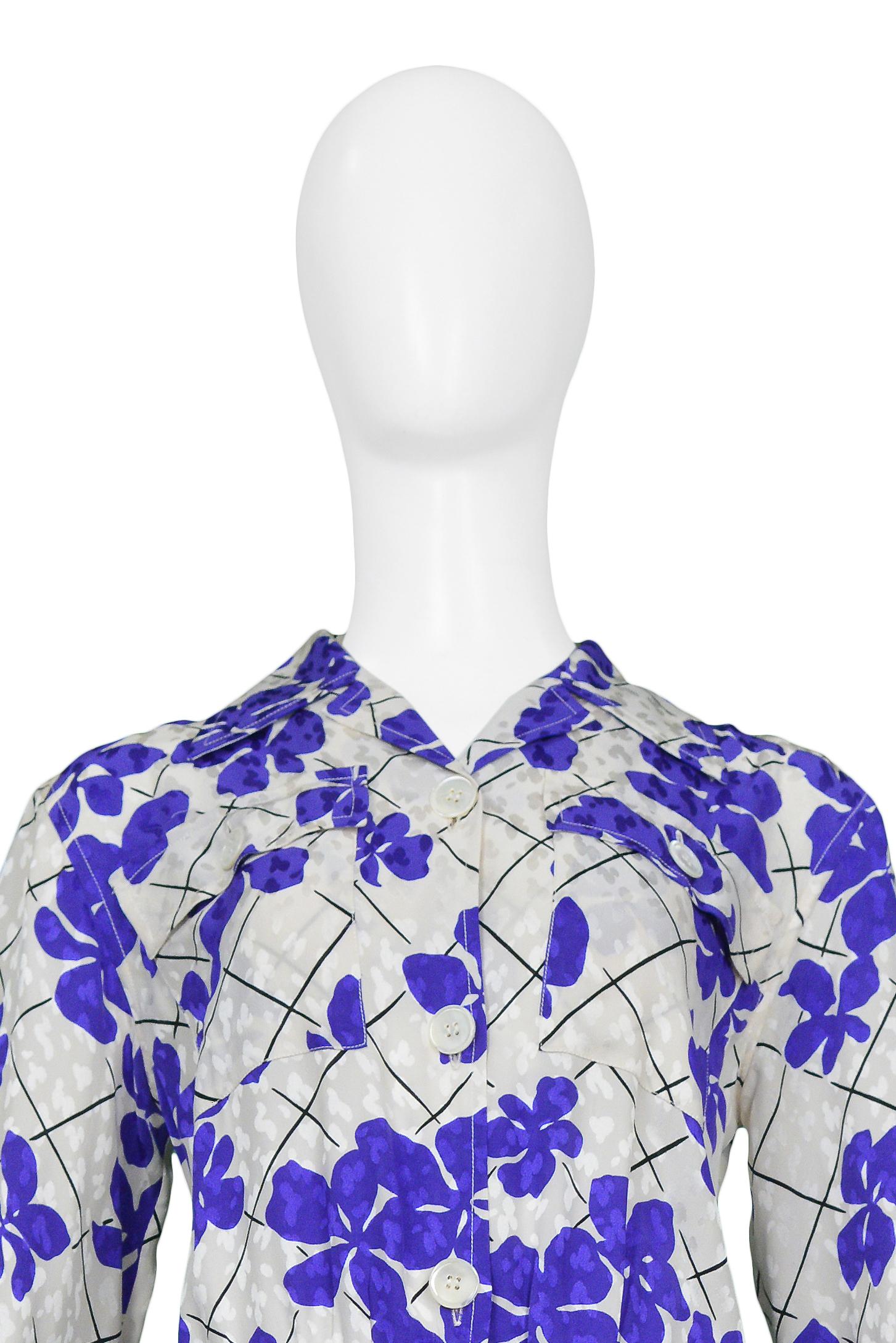 Yves Saint Laurent YSL White & Purple Floral Silk Day Dress For Sale 2