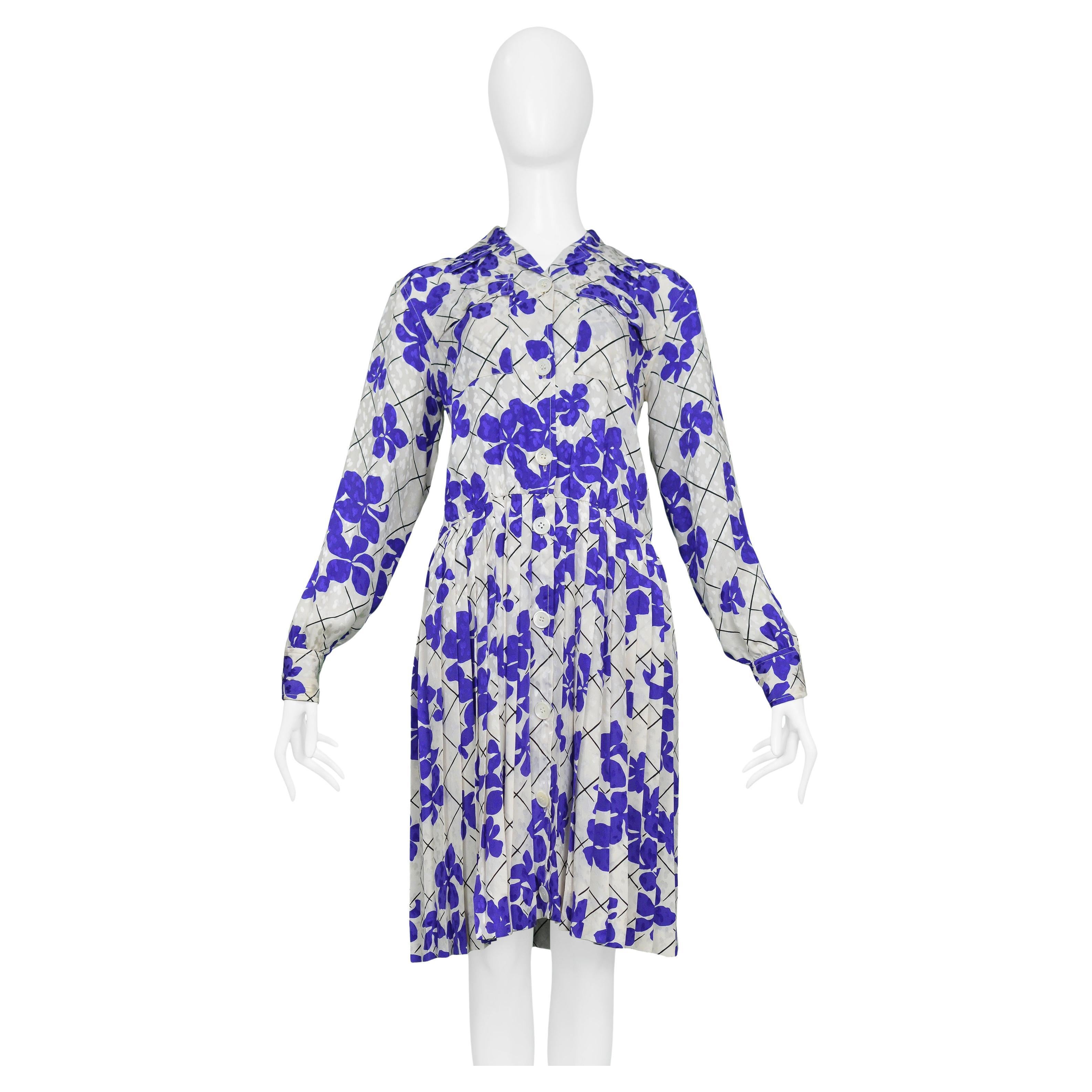 Yves Saint Laurent YSL White & Purple Floral Silk Day Dress For Sale