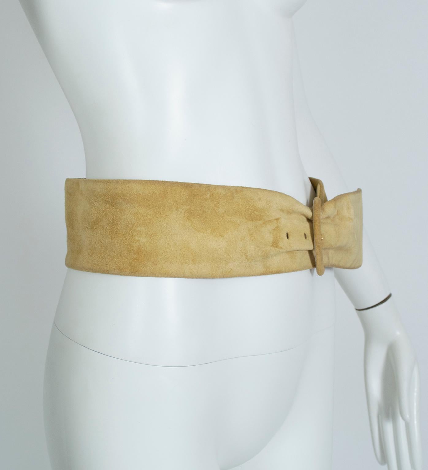 Brown Yves Saint Laurent YSL Wide Camel Suede Belt with Covered Buckle – XS-S, 1980s