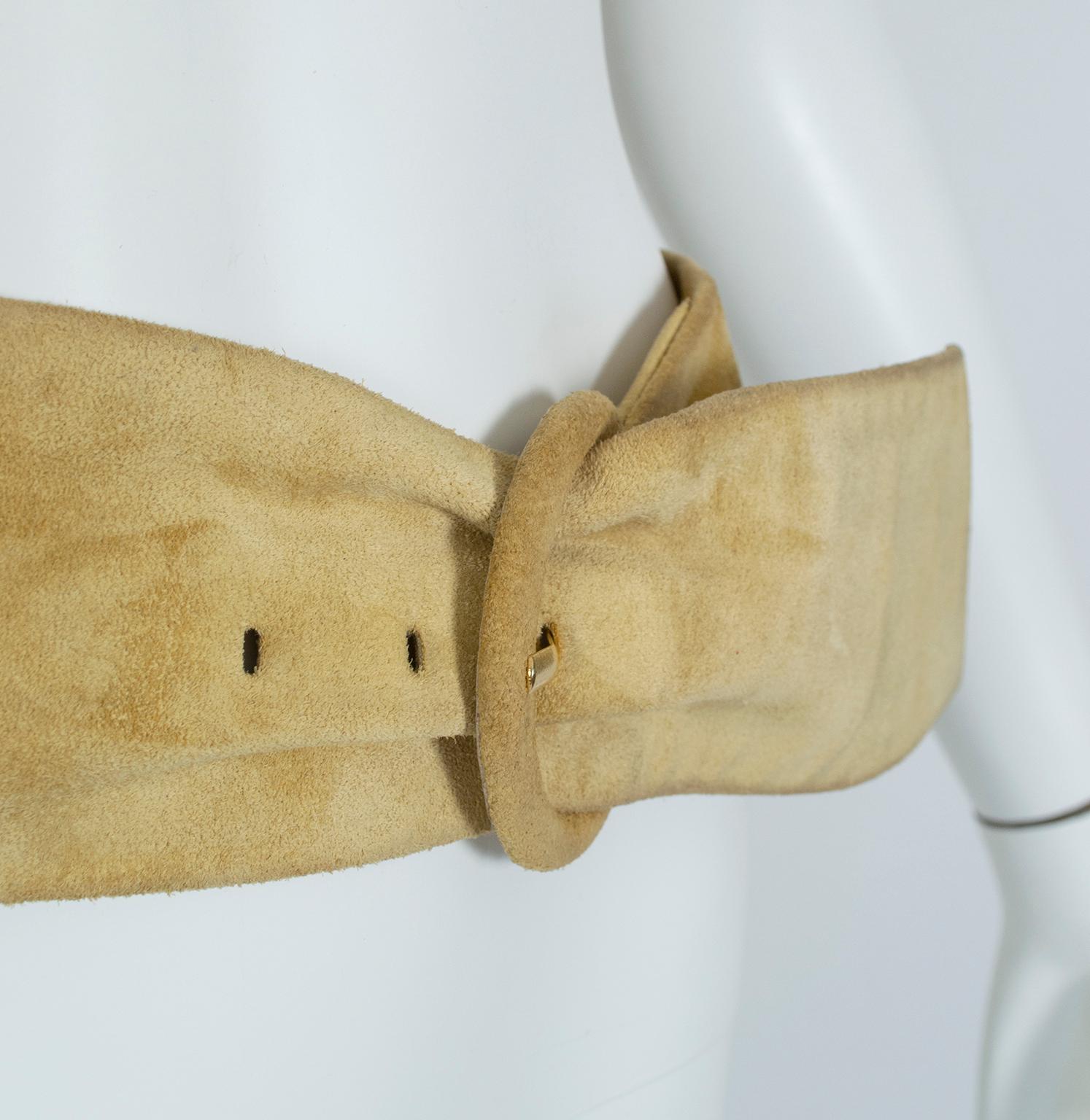 Women's Yves Saint Laurent YSL Wide Camel Suede Belt with Covered Buckle – XS-S, 1980s