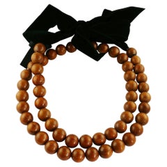 Yves Saint Laurent YSL Wood Bead and Black Velvet Necklace