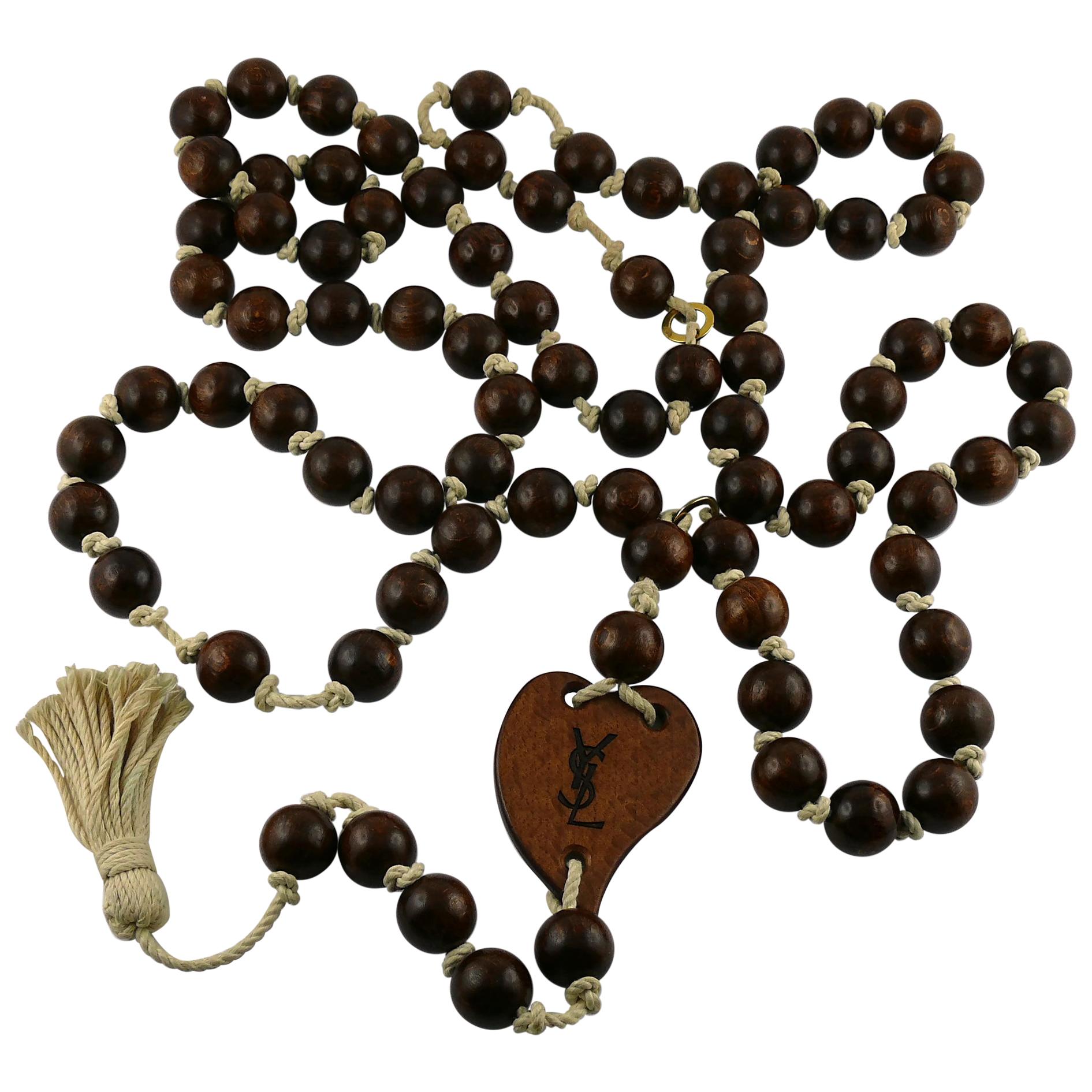 Yves Saint Laurent YSL Wood Heart Rope Tassel Extra Long Necklace