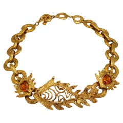 YVES SAINT LAURENT YVSL Vintage Jewelled Gold Tone Fish Necklace