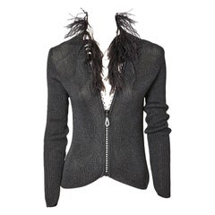 Yves Saint Laurent Zip Front Cardigan With Feather Collar