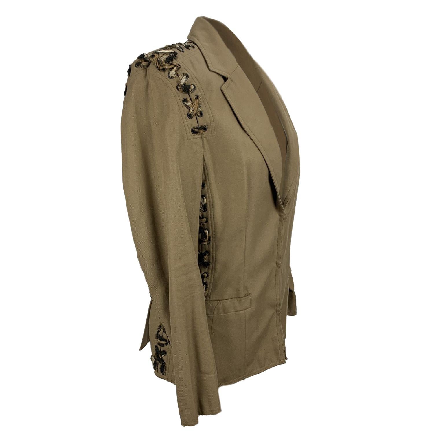 Brown Yves Saint LaurentBeige  Animal Print Lace Up Blazer Jacket Size 36 FR