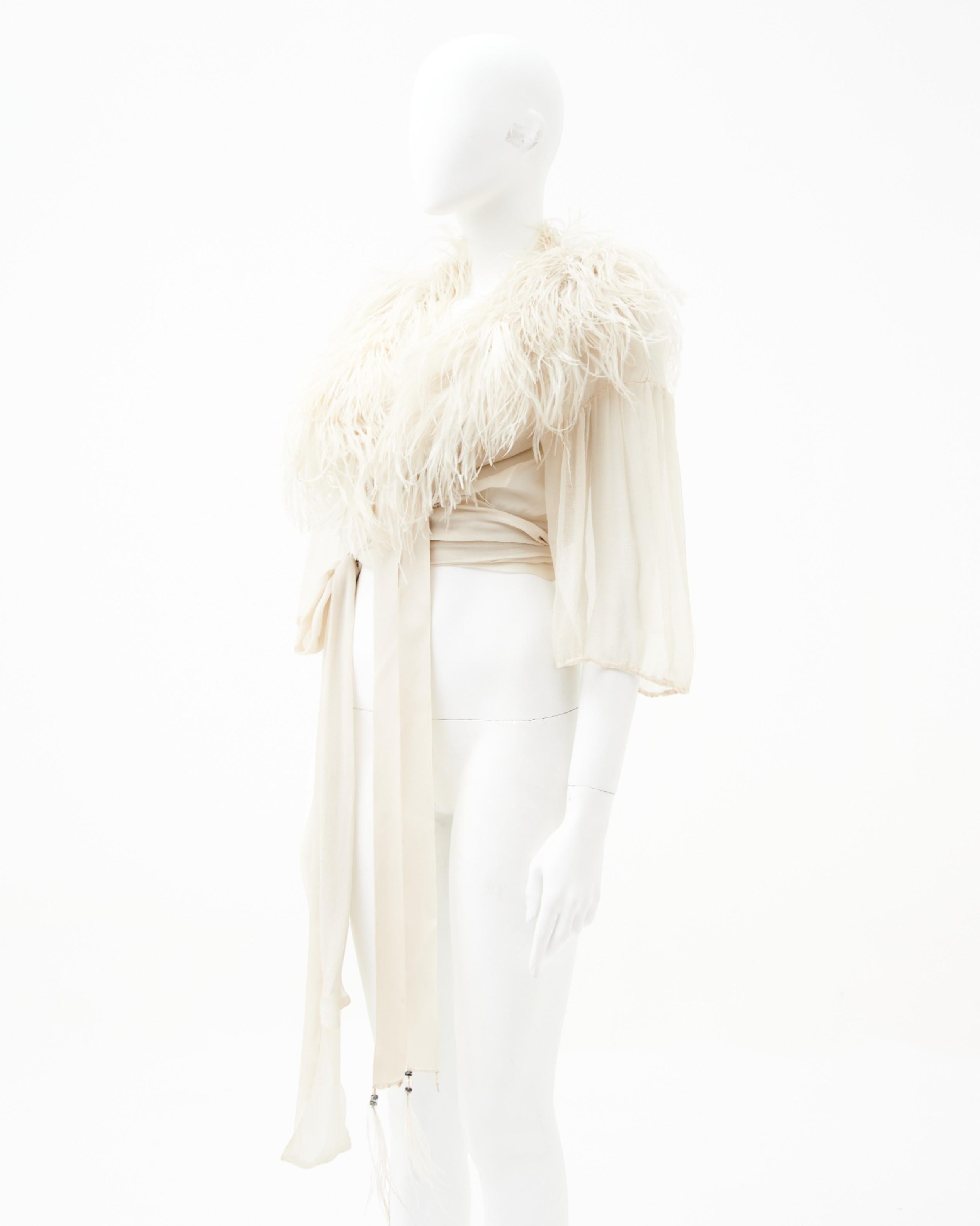 Beige Yves Saint Laurent	F/W 1968-69 white silk feather top in vendita