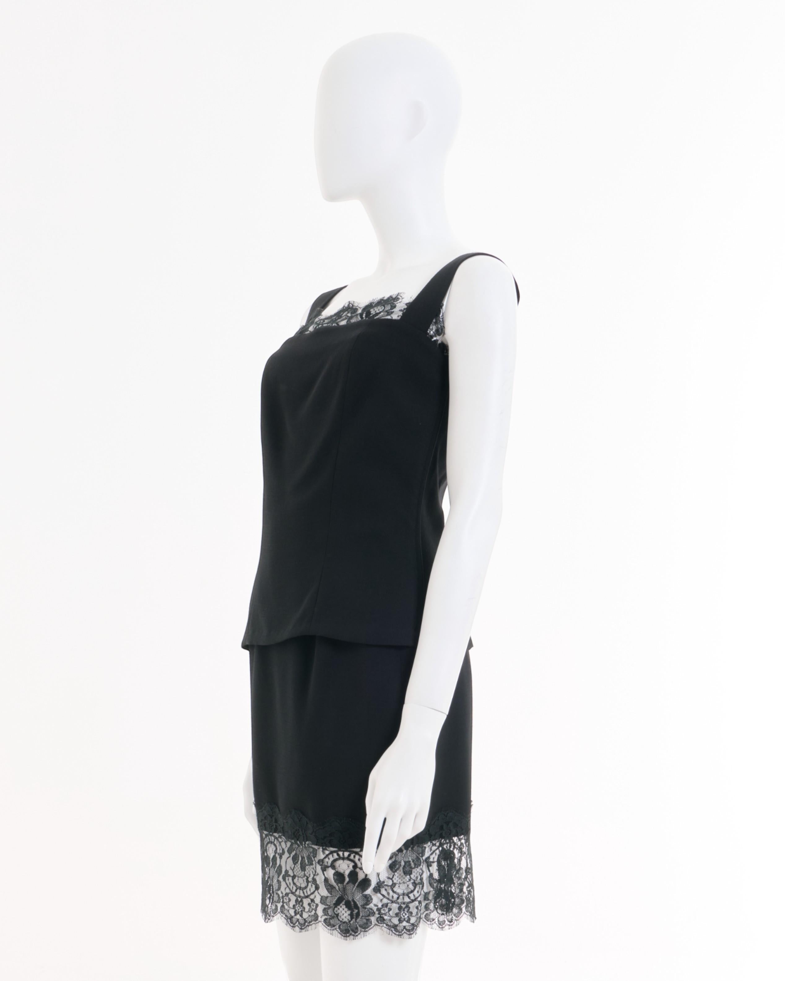 - Designed by Yves Saint Laurent
- F/W 1994 Collection
- Black Lace Set
- Black Sleeveless Top
- Floral lace details at the neckline
- Black mini skirt
- Floral lace details at the hem
- Excellent condition
- Made in France
- Materials: 100% Wool
-