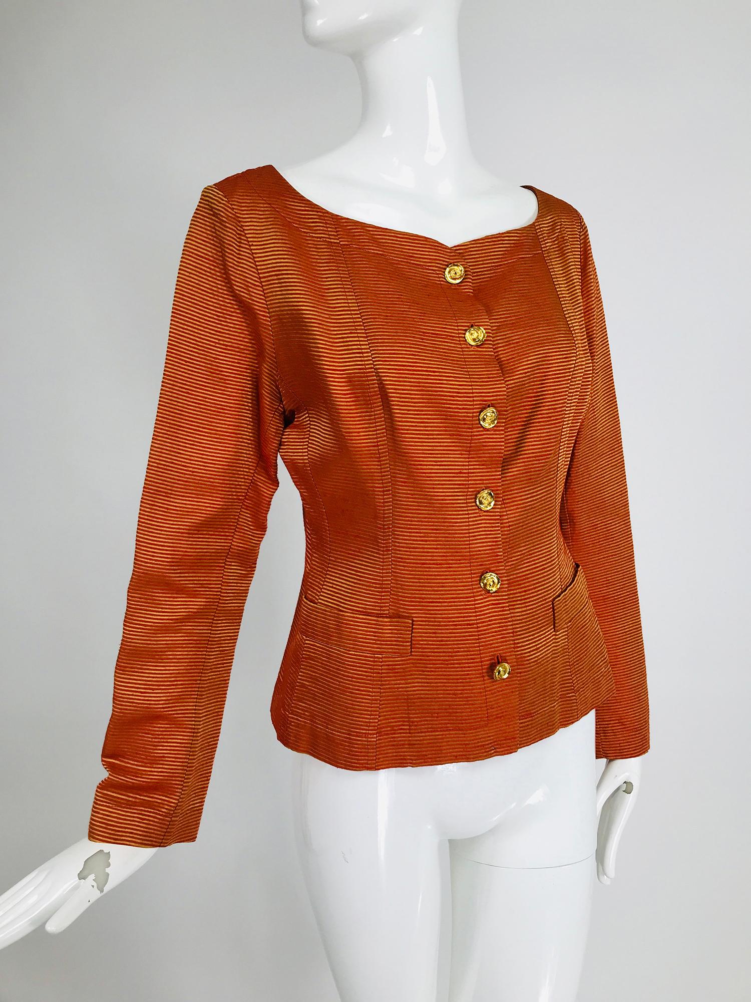 Women's Yves Saint Rive Gauche Orange & Gold Stripe Faille Jacket Vintage For Sale