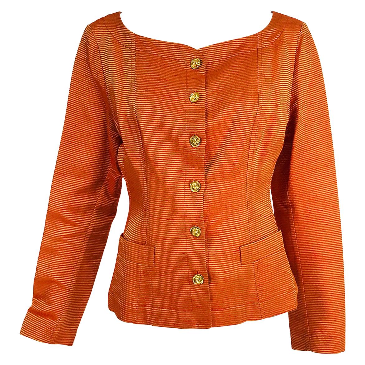 Yves Saint Rive Gauche Orange & Gold Stripe Faille Jacket Vintage For Sale