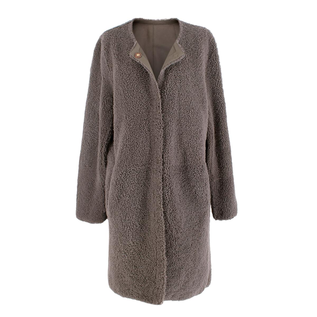 Women's or Men's Yves Salmon Grey-Brown Reversible Shearling Collarless Coat - US 10 For Sale